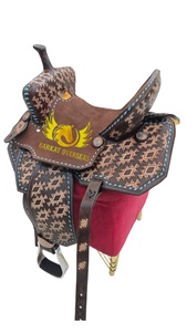 Silla de montar western de cuero azteca personalizada, tallada a mano, con costuras azules, duradera y portátil, para carreras de barriles, con asiento acolchado suave. - Product Image 3