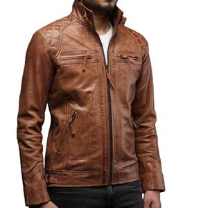 Chaqueta de motorista de alta calidad personalizada para hombre en cuero genuino marrón motocicleta estilo clásico chaqueta transpirable cuello alto - Product Image 3