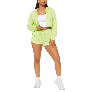 Ensemble de survêtement décontracté d'été pour femme, vert lime, avec short et sweat à capuche court zippé - Product Image 1