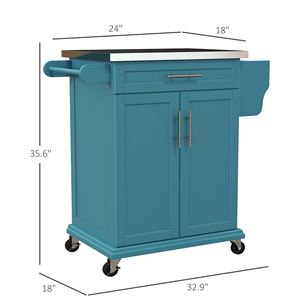 Carrello da Cucina Compatto con Isola e Spazio di Archiviazione, Piano in Acciaio Inox, Portatile, in Quercia, per Sala da Pranzo, Blu - Product Image 3