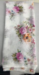 Sari de Georgette con estampado de señales, exquisito sari blanco de Georgette sintética con sinfonía floral y delicados detalles geométricos en lavanda. - Product Image 3