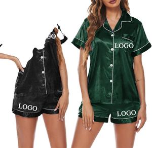 OEM Custom Summer Women's Sleepwear Short Sleeve Nightwear Silk <b>Pajamas</b> <b>Suit</b> Custom Logo Two Piece Satin <b>Pajama</b> Set for Women - Product Image 5