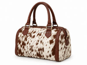 <b>Real</b> Cowhide <b>Leather</b> Speedy Bag Western Travel <b>Handbag</b> Vintage Brown Trim Top Handle Boston Duffel Purse Fashion Cowgirl Bag - Product Image 2