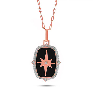 Collier pendentif bouclier diamant émail noir avec boussole étoile polaire - Product Image 1