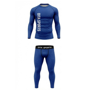 Ensemble de vêtements de sport pour homme, bleu marine, manches longues et leggings, compression, entraînement, fitness, gym, athlétique - Product Image 1