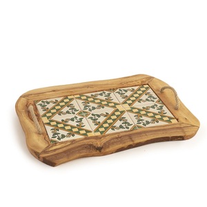 Plateau décoratif en bois avec motif géométrique, poignée rectangulaire, style méditerranéen, plateau de service artisanal - Product Image 1