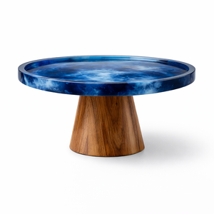 Base para Pastel de Resina Azul con Base de Madera, Plato Redondo Elegante para Servir en Bodas, Fiestas y Decoración del Hogar, Soporte Único para Exhibir Pasteles - Product Image 1
