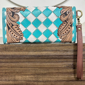 Cartera de Cuero Hecha a Mano con Diseño Occidental, Patrón a Cuadros, Motivo de Corazón y Espadas, Estilo Bohemio, Bolso de Mano, Tarjetero - Product Image 5