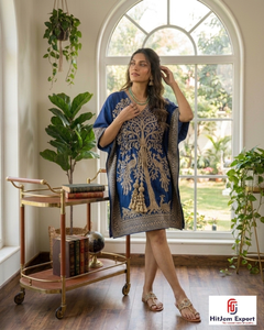 Vestido Kaftán Largo de Rayón Estampado Azul para Mujer, Estilo Bohemio, Corte Holgado, Moda de Verano, Marca HitJem Export Premium - Product Image 2