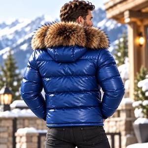 Men's Genuine Leather Puffer Jacket with Detachable <b>Fox</b> <b>Fur</b> Hood Winter Outerwear, Lucido Uomo | Chaqueta Brillante - Product Image 6