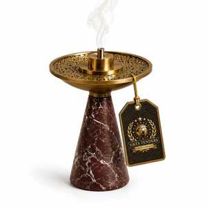 เตาเผาเครื่องหอมไม้แกะสลักทำมือ ลายอักษรอาหรับ พร้อมถ้วยโลหะสำหรับใส่ถ่านและเรซิ่น - Product Image 1