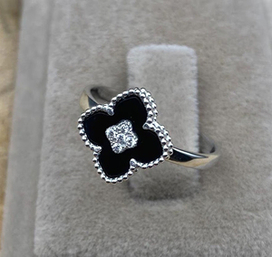 Top Quality Black Onyx Four Leaf Clover 14mm 925 Silver 18K <b>Gold</b> Plated CZ Diamond Center <b>Cocktail</b> Handmade <b>Ring</b> For Women Gift - Product Image 3