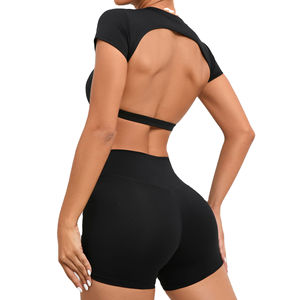 Ensemble de yoga et de sport pour femme, grande taille, uni, coupe ajustée, en Spandex/Nylon, avec soutien-gorge sexy à col licou et décolleté en V, pantalon évasé, taille élastique et logo frontal - Product Image 3