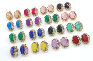 Boucles d'oreilles ovales 12252 avec pierres doubles, pierres précieuses colorées, clips d'oreilles en zircon cubique, bijoux floraux pour femmes, à porter en soirée - Product Image 6