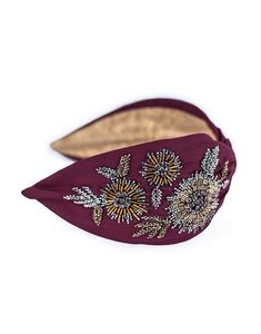 Diadema anudada color granate única con bordado floral de cuentas de campana, turbante de moda para mujer, accesorio para el cabello para fiestas - Product Image 1