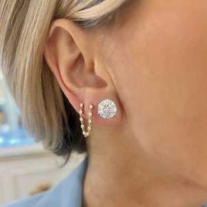 Wholesale Double <b>Piercing</b> Chain <b>Earrings</b> Push Back 14K Solid Gold Round Lab Grown Diamond Two Hole Ear Chain Studs Factory Price - Product Image 2