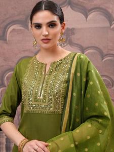 Green Embroidered Sequined Quick Dry <b>Kurta</b> Palazzo Dupatta Traditional Ethnic Wear <b>Women</b> Regular Fit Knee-Length Silk Blend - Product Image 5