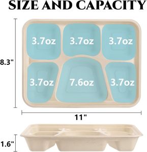 Plateau repas rectangulaire en bagasse robuste à 6 compartiments pour la vente en gros |   Fibres de canne à sucre biodégradables écologiques jetables pour le camping - Product Image 2