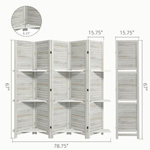 Paravento Artigianale a 5 Pannelli in Legno, Alto 170 cm, con 3 Ripiani e Vano Pieghevole, Bianco Anticato per Camere da Letto - Product Image 3