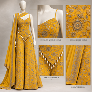 Sharara de Georgette Amarillo Mostaza con Bordado Zari Intenso |   Top con tirantes, pantalones acampanados y dupatta de malla para uso festivo en bodas - Product Image 5