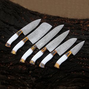 Damascus Steel Carbon Steel 6-Piece Japanese Chef <b>Set</b> High-Polish Finish Ambidextrous Design Wood Handles Handmade Razor <b>Sharp</b> - Product Image 3