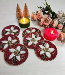 Handmade Red <b>Round</b> Beaded Coasters with <b>White</b> Floral Embroidery Eco-Friendly Home & Hotel Use - Product Image 1