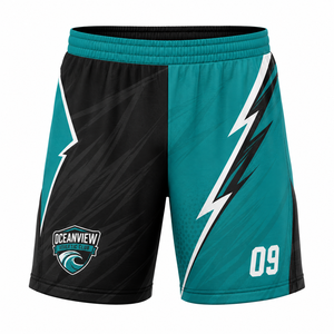 Pantalones Cortos Sublimados Oceanview Athletic Club, Color Negro Turquesa, Secado Rápido, Cintura Elástica, 100% Poliéster, Unisex para Adultos, Todas las Temporadas - Product Image 1