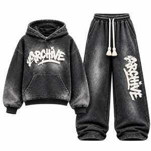 Conjunto de Sudadera con Capucha y Pantalones Deportivos de Poliéster/Algodón de Peso Medio, Transpirable y Ecológico, Azul Lavado, Estilo Hip Hop, Corte Holgado - Product Image 5