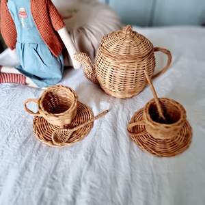 Juego de juguetes de mimbre para fiesta de té para niñas pequeñas, niños, juego de simulación, taza de té, tetera, platos, juguetes de ratán - Product Image 5