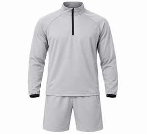 Men's Grey Quarter Zip Pullover Shorts Set Lightweight Training Suit Stand Collar Athletic <b>Leisurewear</b> - Product Image 1