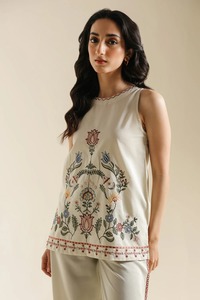 Cream Embroidered Women's Sleeveless Top Ethnic Indian Pakistani Traditional Casual Wear Cotton Regular Fit Adult - Product Image 5