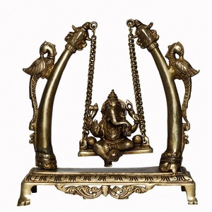 Best Selling Traditional Brass Ganpati Sculpture with Swing Jhula for <b>Mandir</b> Decoration or Festive Celebration for Sale - Product Image 1