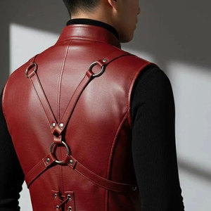 Chaleco de Cuero Sintético Rojo para Hombre con Arnés - Chaleco de Cuero Gótico con Cordones - Chaleco Personalizado - Product Image 5