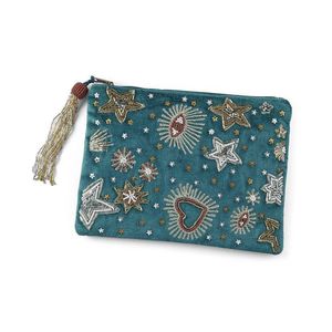 Bolso de mano de terciopelo hecho a mano con cuentas de ojo turco, estrella celestial, para mujer, neceser cosmético bohemio con cremallera y borla, Craftera Export - Product Image 3