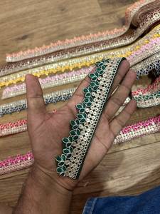 Multicolor Floral Petal Scallop <b>Net</b> Lace Border Silver Zari & Sequin Embroidered Trim for Saree Dupatta Garments - Product Image 1