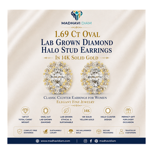Boucles d'oreilles de luxe ovales en diamant de laboratoire de 1,69 carat avec halo en or massif 14 carats pour femme - Bijou cadeau de mariage - Product Image 1