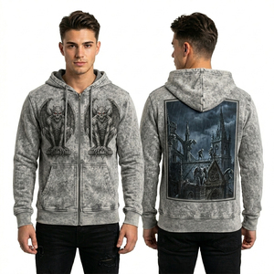 Sweat-shirt à capuche jaune moutarde délavé pour homme, motif graffiti urbain zombie, streetwear vieilli, en coton, vente en gros - Product Image 2