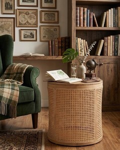 Round Solid Wood and Handwoven Natural Rattan Cane <b>Storage</b> <b>Side</b> <b>Table</b> with Removable Lid for Living Room Bedroom and Home Decor - Product Image 6