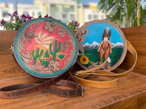 Custom Hot Selling Leather Sling Bag Cowhide Tooled Leather Round Handbag Women Carving Leather Shoulder Sling Bag Canteen Bags - Product Image 5