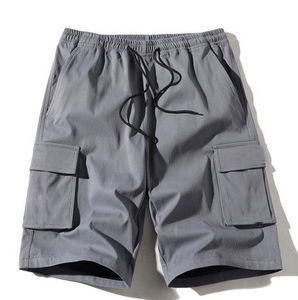 Shorts cargo gris pour homme, taille mi-haute avec cordon de serrage, style décontracté, longueur bermuda, tissu en coton avec poches - Product Image 1