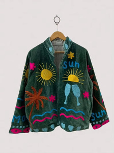Chaqueta Bomber de Terciopelo de Algodón con Bordado Floral Suzani, Reversible, Estilo Boho Vintage, Corta, para Invierno, Prenda Étnica, Precio de Fábrica - Product Image 1