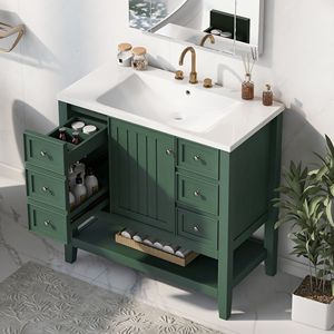 Mobile da Bagno da 36 Pollici in Legno Massello e MDF con Lavabo Integrato, Un Armadietto e Tre Cassetti - Product Image 2