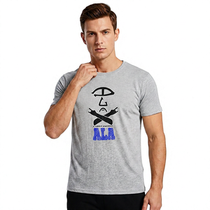 <b>Men's</b> Gray Short Sleeve T-Shirt with Front Letter Print Regular Fit <b>Turtleneck</b> Formal Style Knitted Cotton Breathable - Product Image 3
