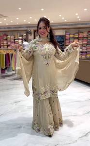 Accesorios de Vestimenta, Ropa Étnica, Otras Prendas Regionales, Crepé Natural, Bordado con Hilo, Top Cosido, Sharara, Dupatta de Encaje (MW 5046) - Product Image 3