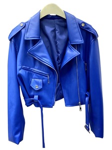 Blouson en cuir épais uni pour femme, style motard, col montant, manches longues, poches zippées, logo tissé sur le devant, doublure amovible, hiver - Product Image 1
