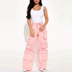 Pantalones Cargo Tie Dye Rosa, Cintura Alta, Corte Holgado, Largos, con Múltiples Bolsillos, Casuales, para Mujer, Material de Lona - Product Image 1
