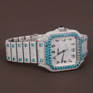 Men's Hip Hop Iced Round <b>Case</b> Quartz Movement <b>Watch</b> VVS Moissanite White Gold Band And Arabic Dial Customr White Band - Product Image 3