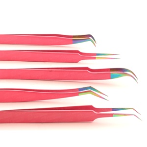 Pince à épiler japonaise en acier inoxydable en forme de L, à pointe en fibre pour volume, avec prise ferme, sans interstices, pointe rose, argentée, antistatique, pour extensions de cils - Product Image 5