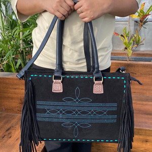 Botte point noir daim cuir frange sac fourre-tout pour femmes Western Turquoise point dissimulé transporter en cuir véritable sac à bandoulière - Product Image 2