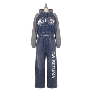 Custom Women Two Tone Navy Blue Gray Cropped Hoodie <b>Wide</b> <b>Leg</b> <b>Jogger</b> Set Cotton Fleece Tracksuit OEM Wholesale - Product Image 3